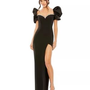 Mac Duggal Women's Puff Sleeve Beaded Sweetheart Neck High Slit Gown - SZ 8